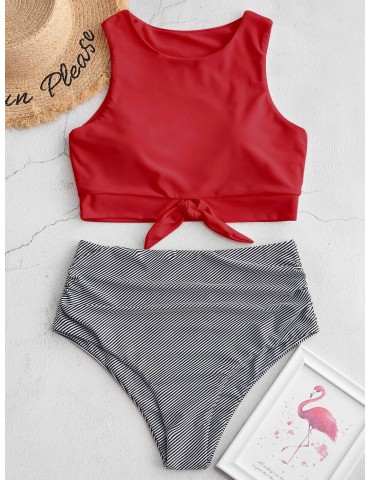  Striped Knotted Ruched Tankini Swimsuit - Red L