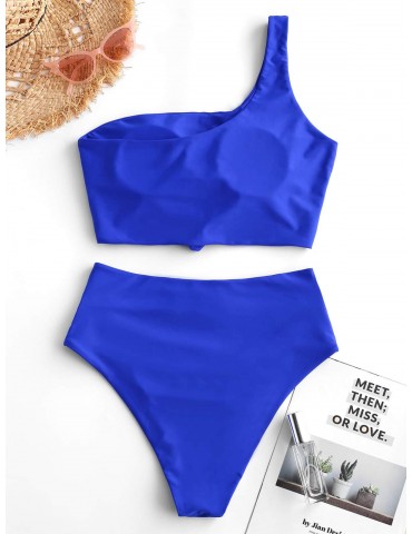  Knot Ruched One Shoulder Tankini Swimsuit - Blueberry Blue S