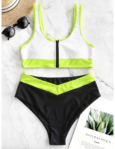  Neon Colorblock Piping Zipper High Cut Tankini Swimsuit - White S