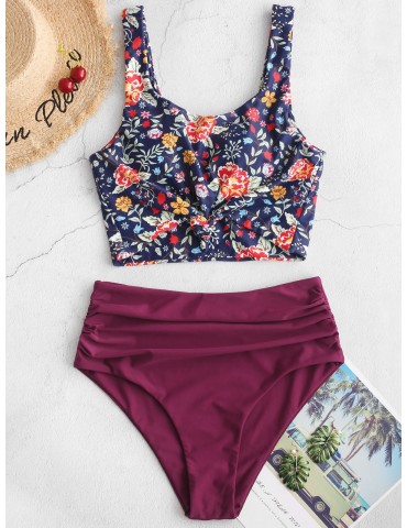  Ruched Knot Plant Print Tankini Swimsuit - Plum Pie S