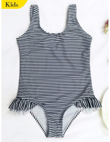 Back Low Cut Striped Ruffled Kid Swimsuit - Stripe 5t