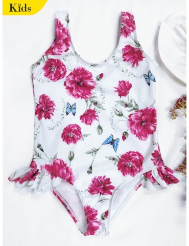 Scoop Floral Ruffled Kid Swimsuit - White 5t