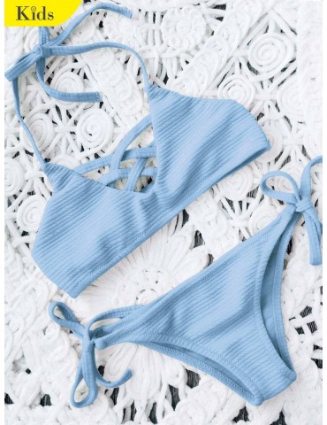 Strappy Ribbed Texture String Swimwear - Azure 8t