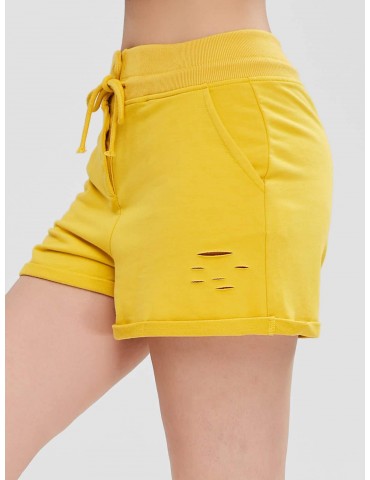 Distressed Pocket Rolled Shorts - Yellow M