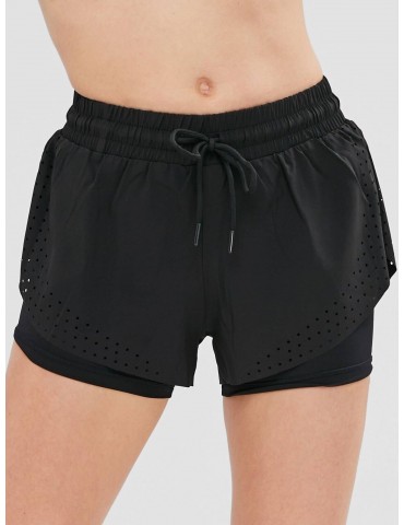 Hollow Out Overlay Sports Shorts - Black M