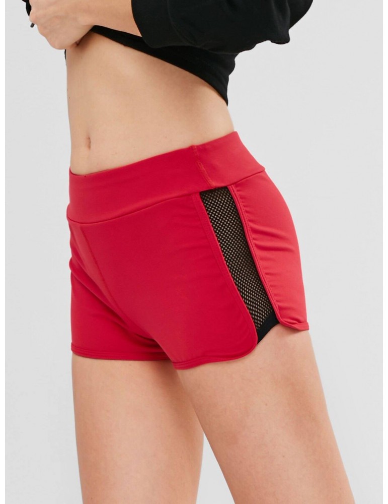  Fishnet Color Block Shorts - Red S