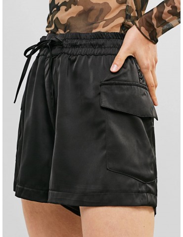 High Waist Pockets Solid Wide Leg Shorts - Black M