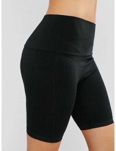 Gym Wide Waistband Pocket Biker Shorts - Black M