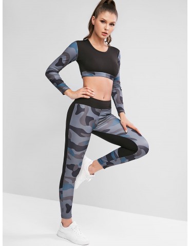 Camouflage Crop Top And Leggings Tracksuit - Army Green S