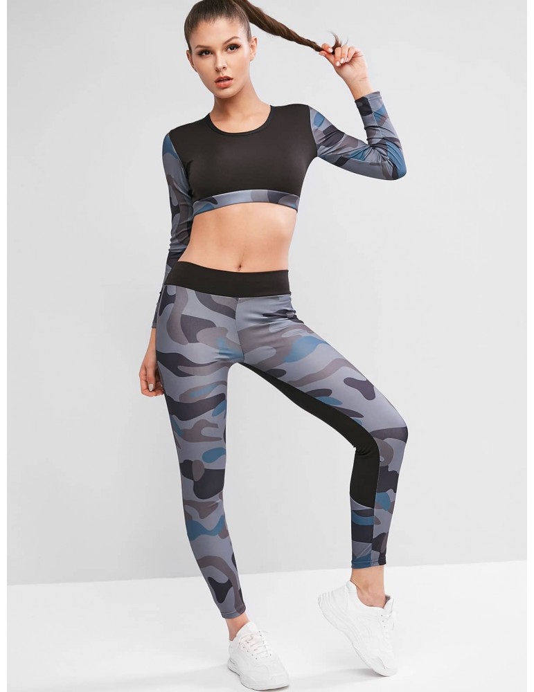 Camouflage Crop Top And Leggings Tracksuit - Army Green S