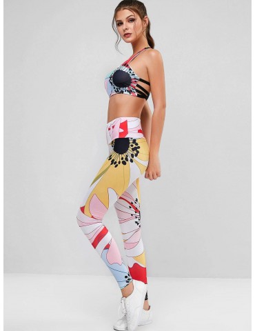 Colorful Print Padded Cross Caged Two Piece Gym Suit - Multi M