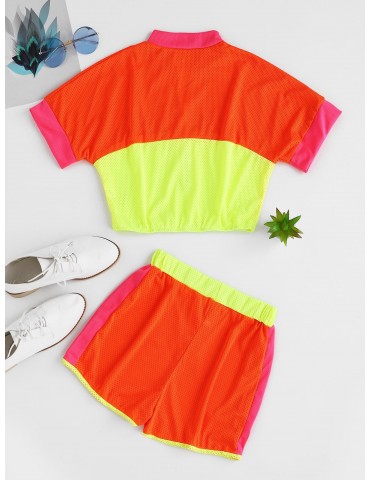 Half Zip Breathable Contrast Neon Shorts Set - Multi-b L